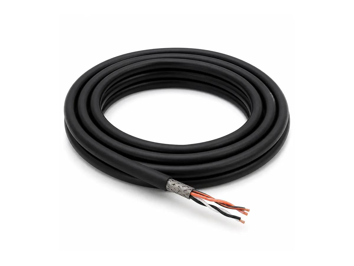 Coiled UL20276 servo encoder cable on white background