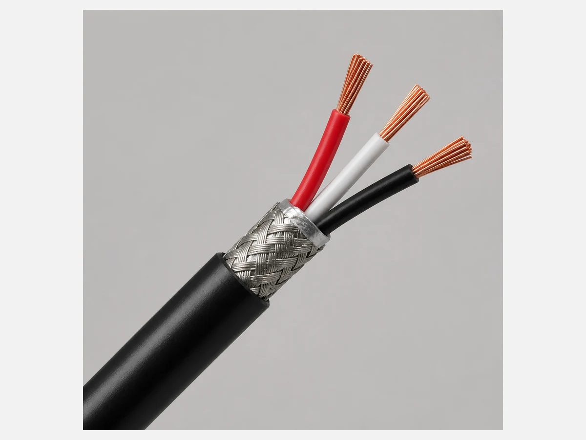 RVVP flexible cable showing tinned copper braid and three cores