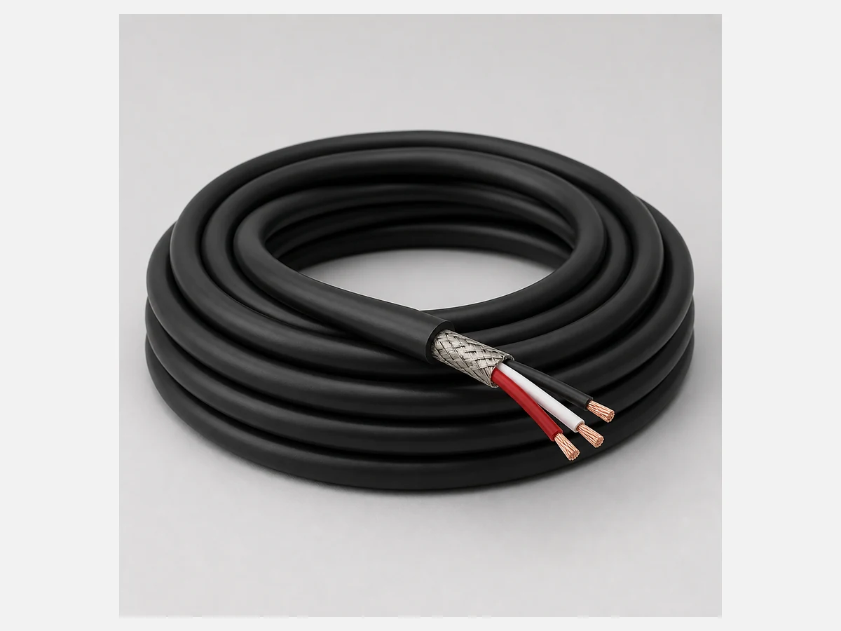 Coiled black RVVP shielded control cable with exposed conductors
