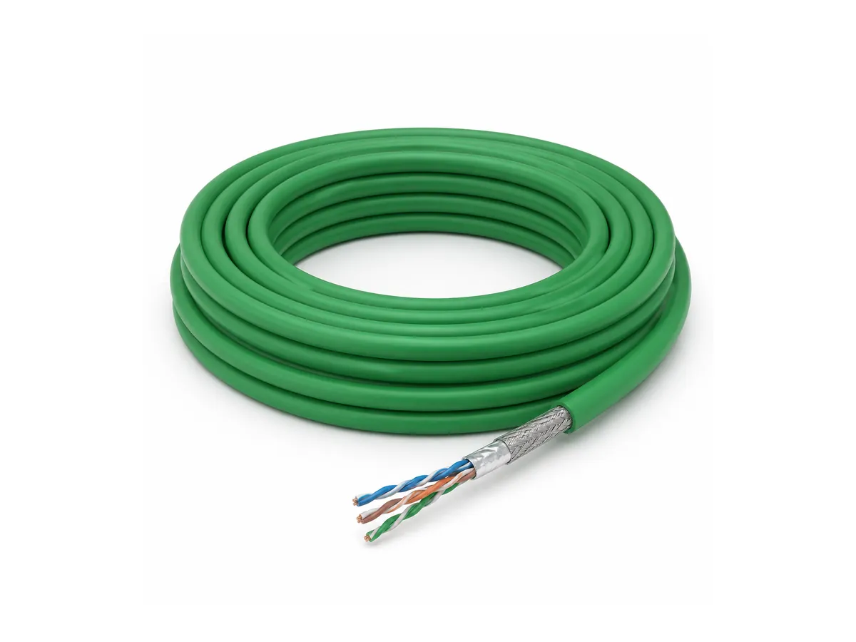 Coiled high flexibility industrial Ethernet cable on white background
