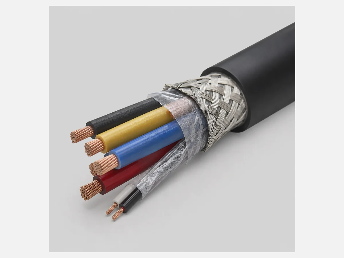 High-flex power cable showing main cores and auxiliary conductors